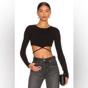 Lovers and Friends | Ribbed Cropped Waist Tie Long Sleeve T-Shirt Black Sz Large